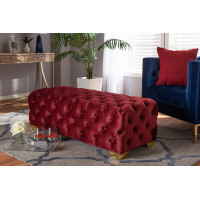 Baxton Studio TSFOT028-Burgundy/Gold-Otto Avara Glam and Luxe Burgundy Velvet Fabric Upholstered Gold Finished Button Tufted Bench Ottoman